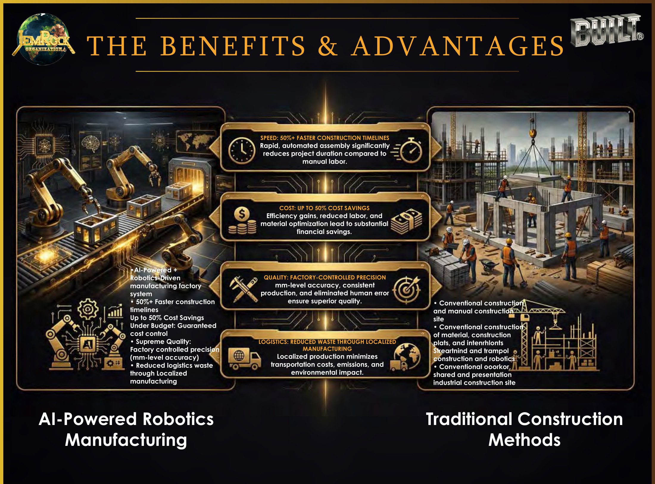 The Benefits & Advantages — AI-powered robotics manufacturing vs. traditional construction: 50%+ faster, up to 50% cost savings, mm-level precision, reduced logistics waste